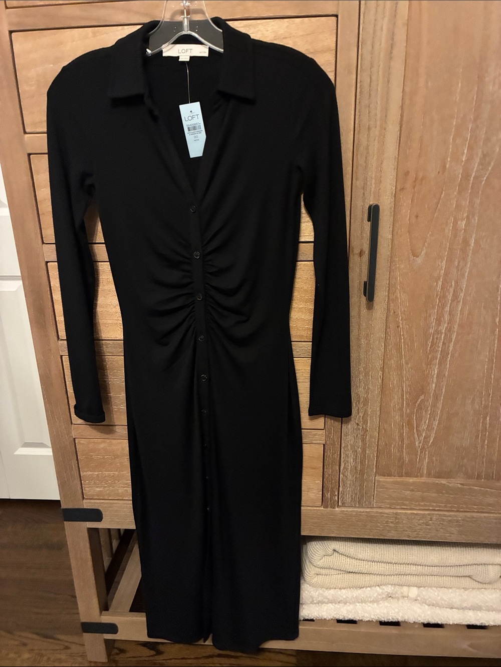 LOFT Petite Black Long Sleeve Ruched Button-Front Midi Dress
